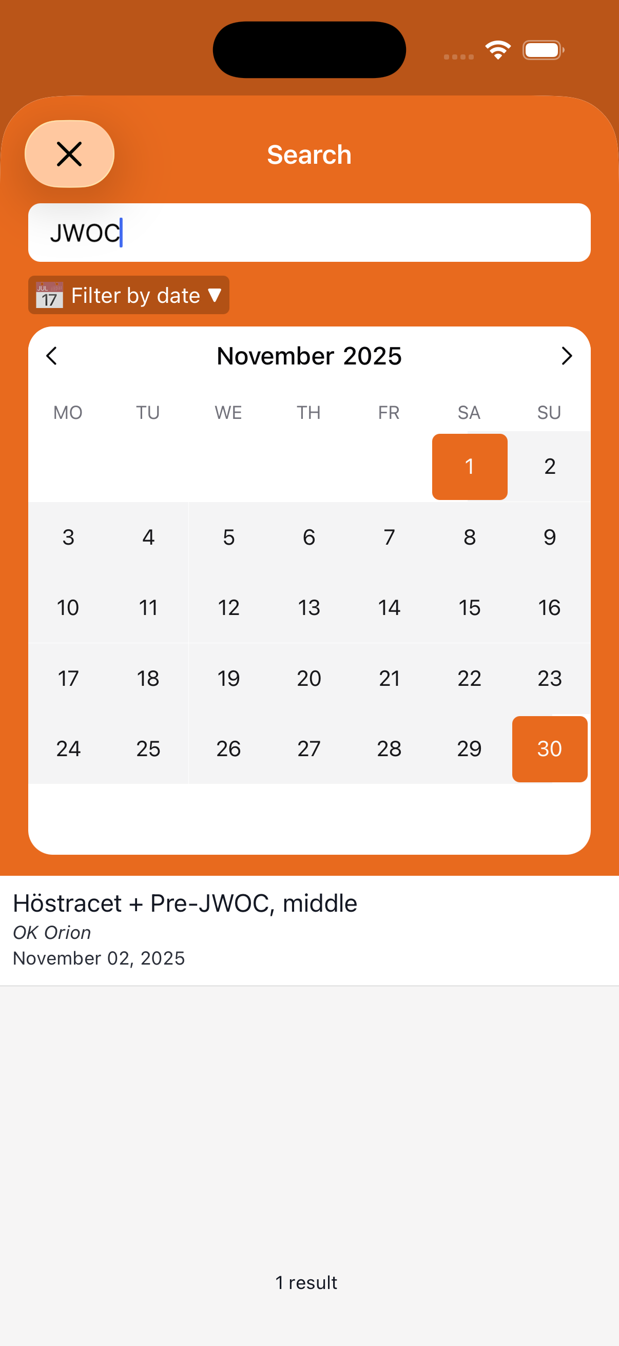 Search for competitions and events